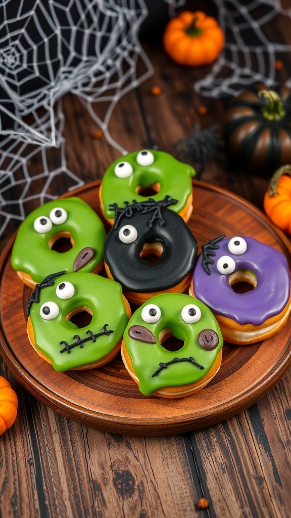 A plate of decorated zombie donuts with green and purple icing and candy eyes, set against a Halloween backdrop.
